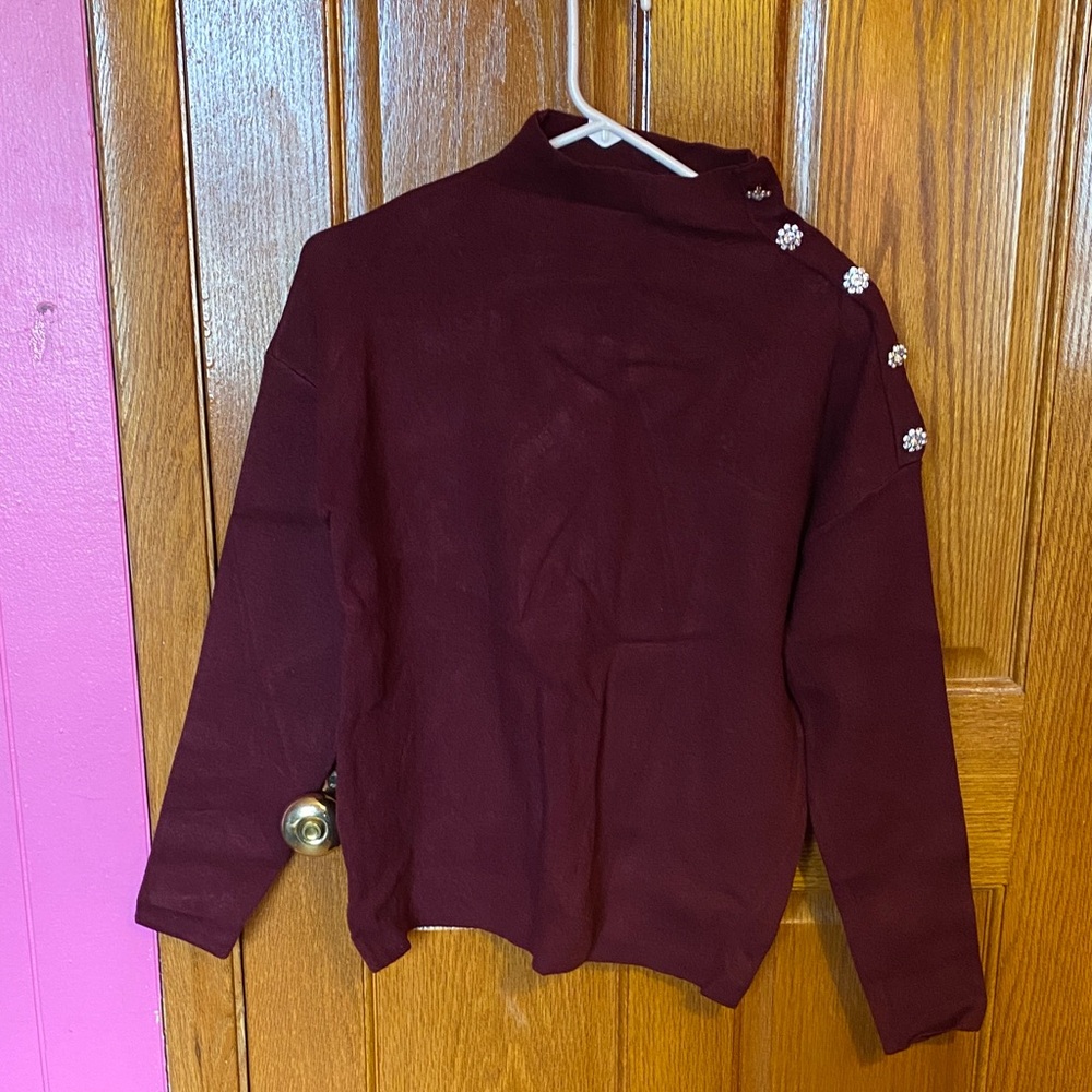 Tahari Burgundy Turtleneck Sweater with Button Details
